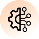 Icon of a gear merging with electronic circuit lines. The left side depicts a mechanical gear, while the right side features connected lines with circular nodes, symbolizing the integration of healthcare technologies and machinery. The background is light peach.